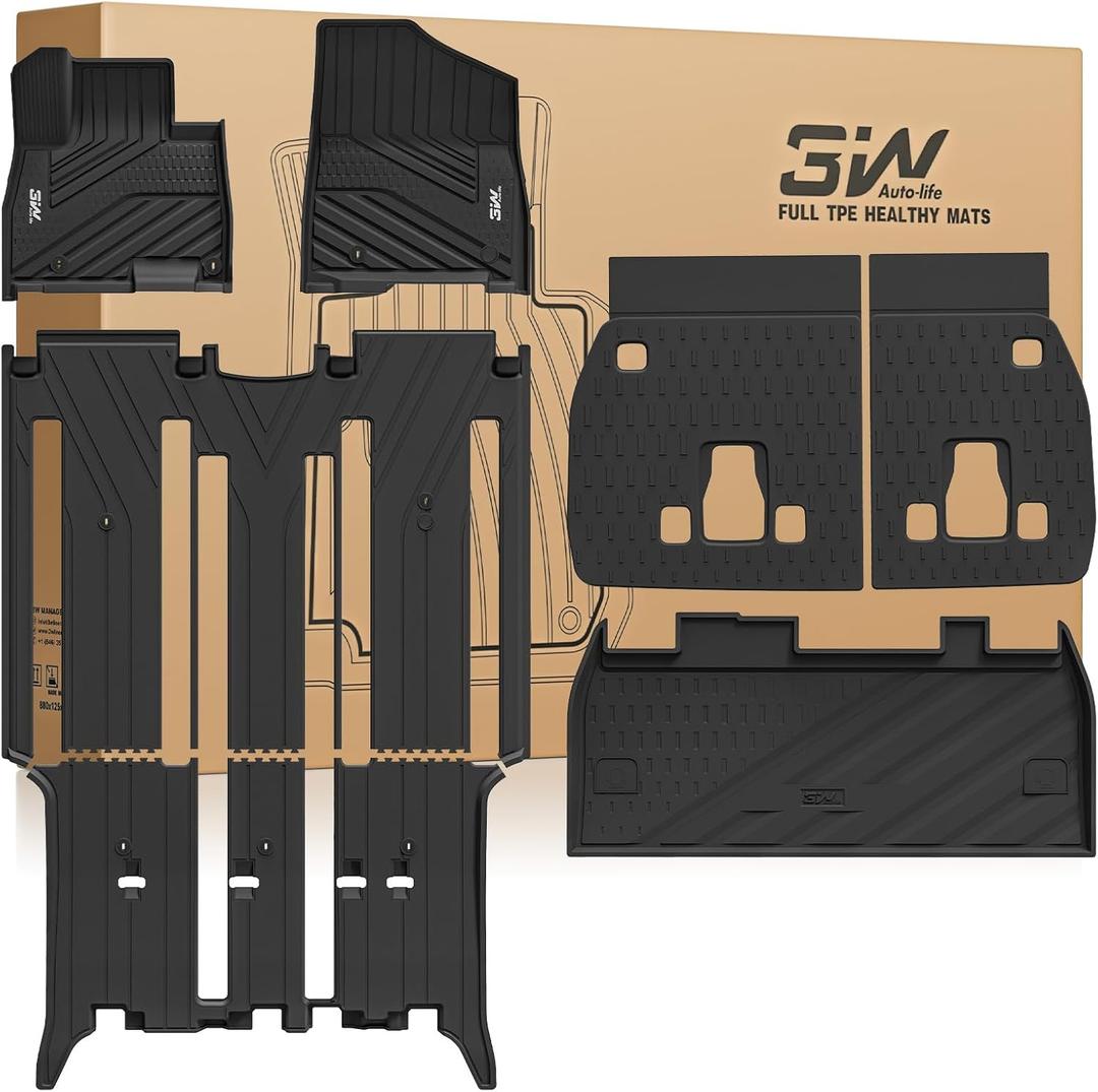 3W Floor Mats & Seatback Mats & Cargo Liner for Kia Carnival Hybrid 2025 2026Only Fit 8 Seats,Custom Fit All Weather TPE Full Set Floor Liner Trunk Mat with Backrest Mats Accessoires, Black