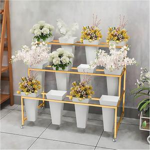 Flower Display Stand with 12Pcs Buckets, Flower Cart Display Stand with Wheels, 3 Tier Metal Plant Stand, Moving Heavy Duty Flower Cart Flower Rack for Florist Indoor Outdoor Patio Garden (White, 12pcs)
