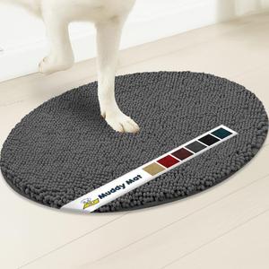 Muddy Mat® Shown on TV – Super Absorbent Microfiber Dog Door Mat for Muddy Paws, Non-Slip Washable Pet Rug, Quick Dry Chenille Entryway Carpet, Machine Washable Indoor Outdoor Mat, Grey Oval 6ft x 9ft