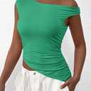 PRETTYGARDEN Womens 2025 Summer Off The Shoulder Crop Tops Sleeveless One Shoulder Ruched Asymmetrical Y2K Going Out Tank Top (Green, M)