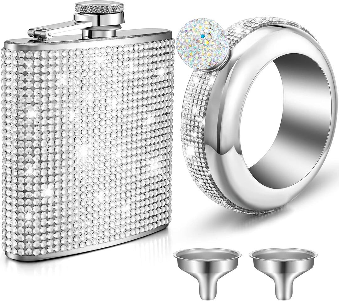 Yaomiao 2 Pcs Flask for Women Creative Bangle Bracelet Bottle 3.5 oz 6 oz Rhinestone Water Bottle Diamond Bottles 304 Stainless Steel Hip Container Funnel Set for Sport (Silver)