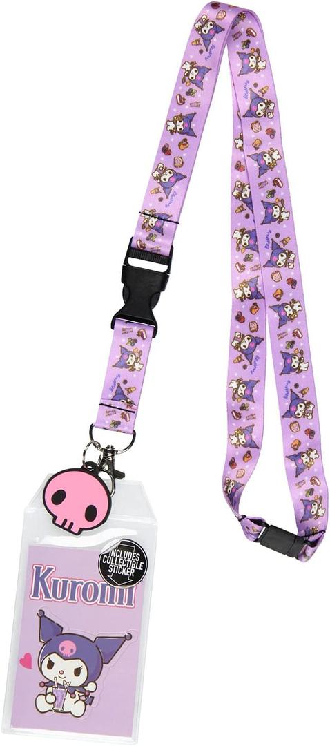 Sanrio Kuromi ID Badge Holder Lanyard w/Rubber Pendant and Collectible Sticker