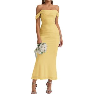KUTUMAI Off The Shoulder Maxi Long Dress Corset Ruched Bodycon Cocktail Formal Wedding Guest Dresses for Women, XL