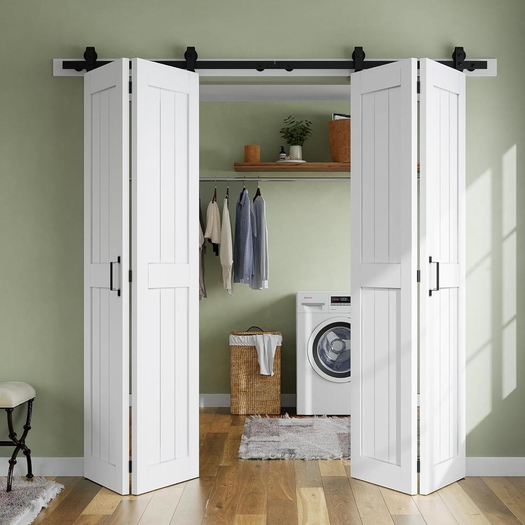 SMARTSTANDARD Bifold Barn Door 64'' x 84'',Bi-Fold Sliding Closet Doors | Hardware Kit Included,72'' Track Kit for 2 Doors,Waterproof & Quiet,Pre-Drilled Holes Easy Assembly,White