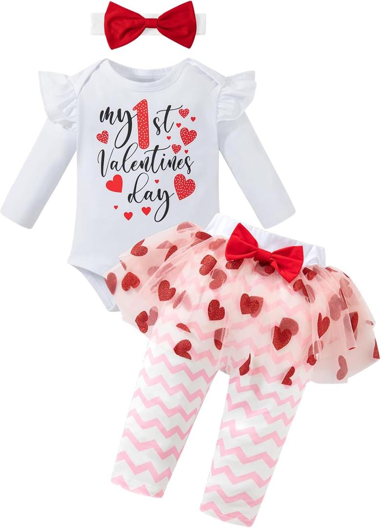 MOMMY'S NEW MAN Newborn Baby Girl My First Valentines Day Outfit Infant Long Sleeve Romper Heart Culottes Pant Set (3-6 Months, Pink)