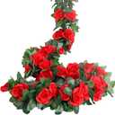LESING Rose Garlands Artificial Rose Vines, 4PCS(28.8FT) Fake Silk Flower Vines with Greenery Plants for Wedding Hanging, Home Office Arch, Garden Decoration (Red) (Red)