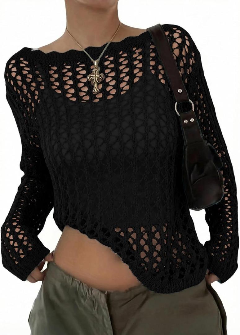 EVALESS Off The Shoulder Loose Knit Summer Sweater for Women Beach Vacation Clothes for Women Trendy 2026 (Large, Black)