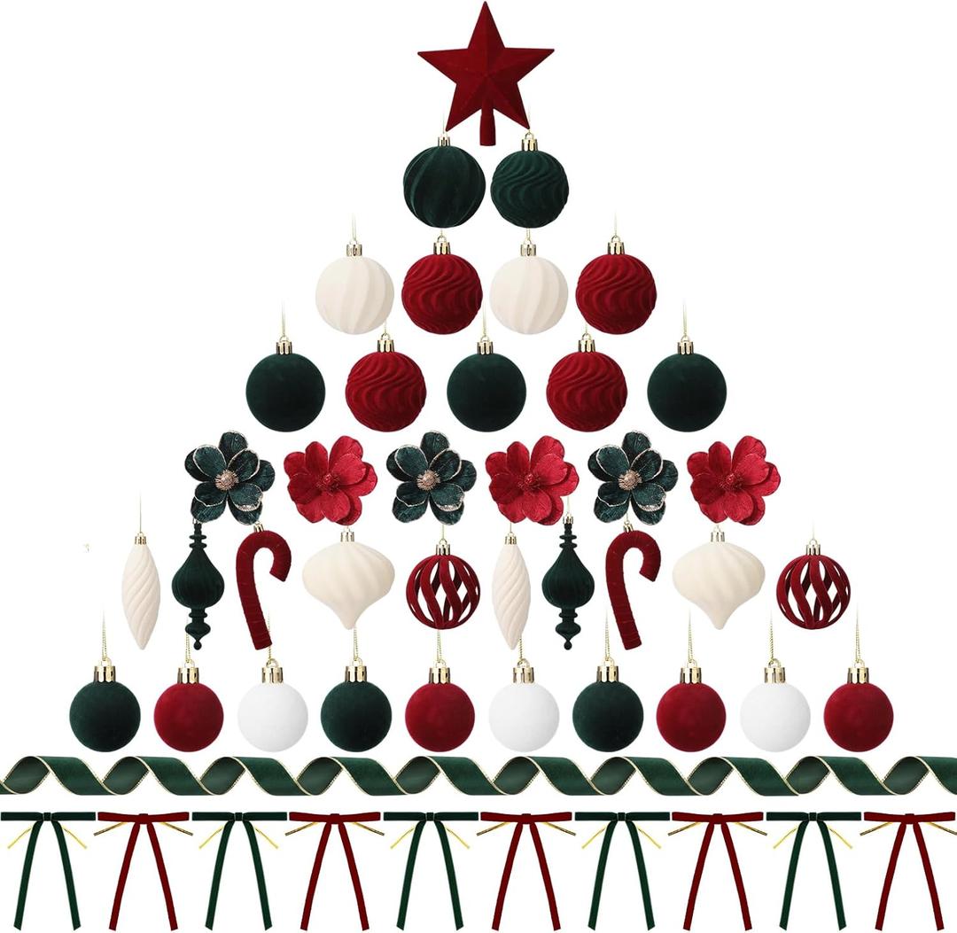 Chiisong 57 Pcs Velvet Christmas Tree Ornaments Set, Flocked Christmas Ball Tree Topper Velvet Ribbon Gift Warp Bow Artificial Poinsettia Flower Candy Cane Hanging for Xmas Holiday Party Decor