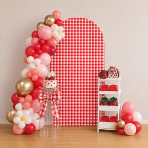 Red Plaids Sweet Strawberries Arch Backdrop Cover Double-Sided Arch Stretchy Cover Berry First Pink Birthday Party Girls Baby Shower Parties Decors (2.6X6ft,GX-233)