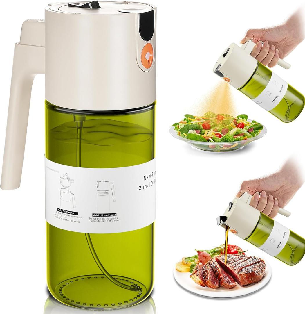 OURCABECUE Upgrade 2 in 1 Oil Sprayer for Cooking, 17oz Light-Blocking Glass Olive Oil Dispenser Bottle for Kitchen, Food-Grade Oil Mister with 8 Stickers for Salad, Frying (Green Bottle-White Gap)