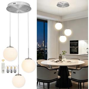 KoKo&Yukina 3-Light Nickel Glass Chandelier Globe Glass Cluster Pendant Lights Modern Adjustable Length Pendant with Milky White Globe Ceiling Light for Kitchen Island Dining Room(Bulb & Remote Incl.)