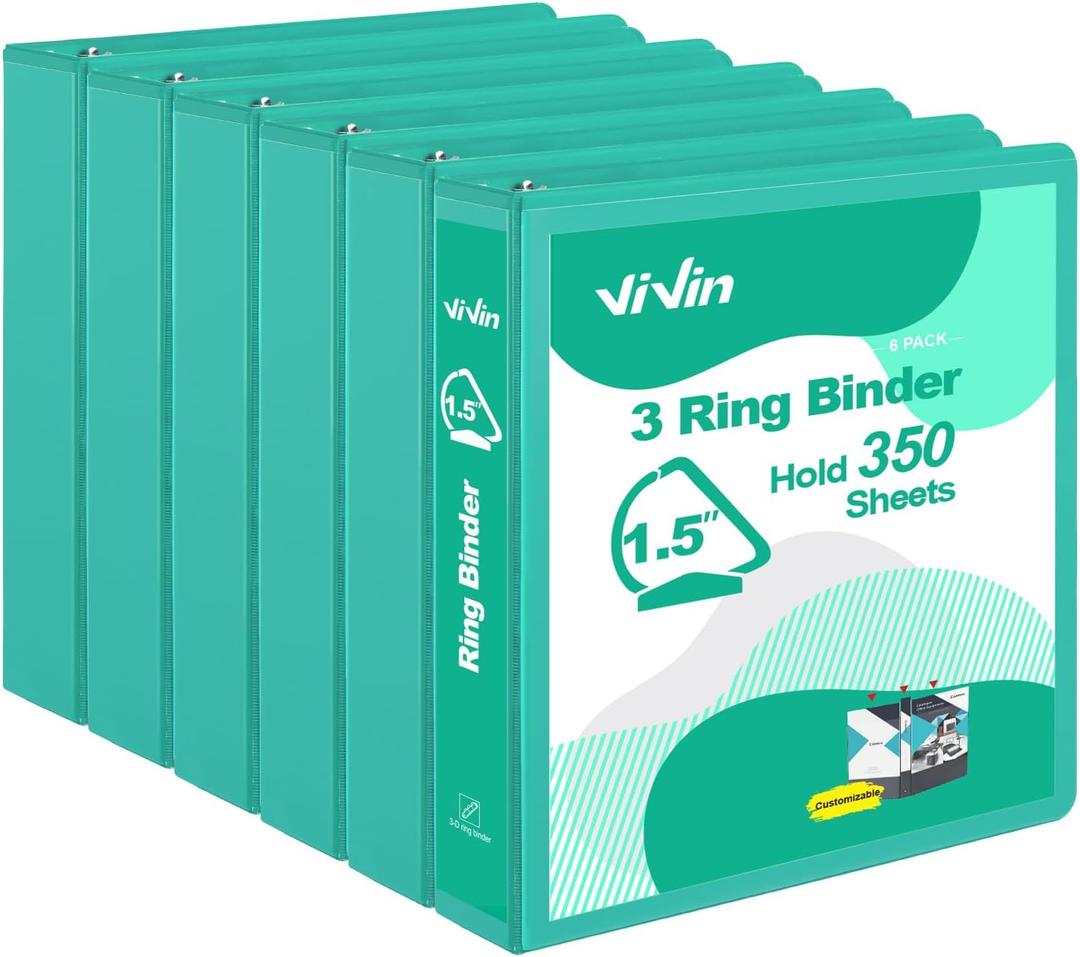 ViVin Sturdy 1.5 Inch 3 Ring Binder with Pockets, Slant-D Ring, PVC-Free, Customizable Clear View Binder,Holds 350 Sheets of 8.5" x 11" Paper, 6 Pack (Lake Green)