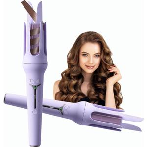 Automatic Curling Iron, Hair Curler Wand with 3 Temp& LCD Display, Fast Heating Ceramic Hair Curler, Automatic Shut-Off, Anti-Scald, Anti-Tangle Rotating Curling Iron for Hair Styling (Purple)