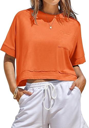 Fisoew Women's Oversized Crop Tops Workout Short Sleeve T Shirts Summer Casual Loose Fit Basic Tee Shirts XL