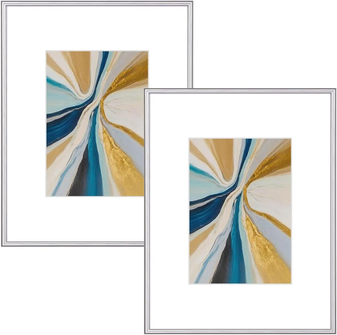 9x12 Picture Frame Set of 2, Silver Brushed Thin Metal Aluminum Photo Frame with HD Glass, Fit 6x8 with Mat or 9 x 12 without Mat, for Table and Wall, 2 Pack