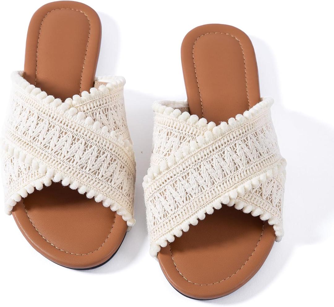 Mtzyoa Women Flat Sandals Braided Leather Crossover Nude Dressy Fashion Evening Party Wedding Sandals (10, Ivory Fabric)