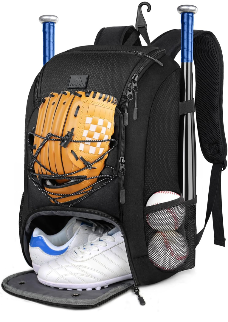 MATEIN Baseball Backpack, Softball Bat Bag with Shoes Compartment for Youth, Boys and Adult, Lightweight Baseball Bag with Fence Hook Hold TBall Bat, Batting Mitten, Helmet, Caps, Teeball Gear
