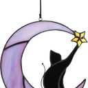 HDCRYSTALGIFTS 6.5'' Black Cat Decor on Purple Moon Stained Glass Window Hanging Suncatcher,Wall Art Glass Window Panel Sun Catcher,Christmas Ornament Decoration Memorial Gift for Lover Cat Loss