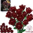 Burgundy Red Rose Bouquet Building Set for Girls & Boys - 12 Pack Botanical Collection Gift for Easter Basket Artificial Flowers Botanical Collection Centerpiece Retro Decor