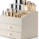 Vlando Makeup Organizer for Vanity, Large Capacity Countertop Organizer with Drawers, PU Leather Cosmetic Display Case for Lipstick, Brushes, Skincare, Bathroom, and Bedroom Storage (Beige)