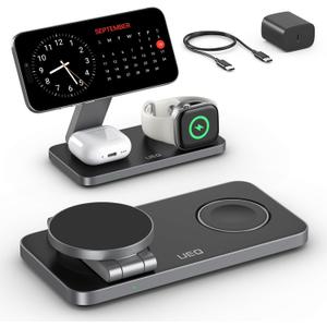 Foldable 3 in 1 Wireless Charging Station for Apple Compatible with Magsafe Charger Stand,Magnetic Wireless Charger Station for iPhone 15 14 13 12 Series,Airpods Pro,Apple Watch Ultra (Pure Black) (Carbon Black)