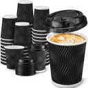140 Set 8 oz Disposable Coffee Cups with Lid Insulated Corrugated Paper Hot Cup Bulk Ripple Wall Insulated Water Mug Suitable for Chocolate Cocoa, Juice, Drink (Wavy Pattern, Black)