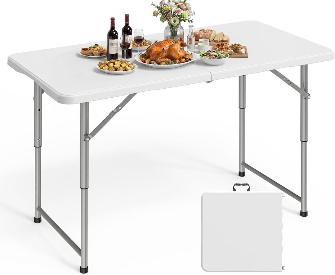 Pureegg 4FT Folding Table - No Assembly Required, Versatile Dining Table with Carrying Handle & Tabletop Safety Lock, Portable Foldable Table for Party, Craft, Camping, Picnic, White, 4TF