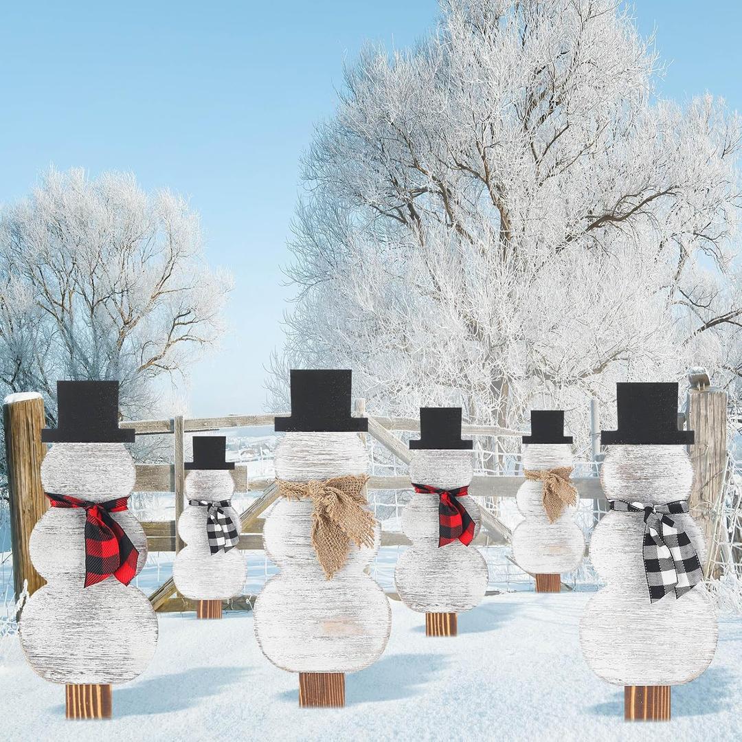 Amyhill 6 Pcs Wood Snowman Yard Stakes for Christmas Holiday Outdoor Farmhouse Snowman Decorations Xmas Garden Wooden Yard sign Decor with Stakes for Christmas Winter Lawn Patio Pathway Party Supplies