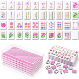 Soulchen 160 Pink Kaleidoscope American Mahjong Tile Set with Acrylic Storage Box & Dice 1.2" 3D Engraved Tiles for Adults Friends Family Game Night Mahjong Travel Size Chinese Game Gifts