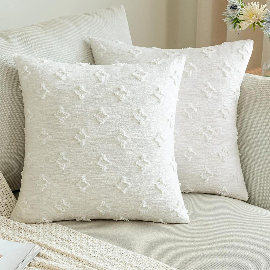 ANRODUO Pack of 2 White Floral Decorative Throw Pillow Covers with Tufted Rhombic Jacquard for Room Decor Boho Pillow Covers 18x18 Cute and Soft Pillowcase for Couch Sofa and Living Room Fall Decor
