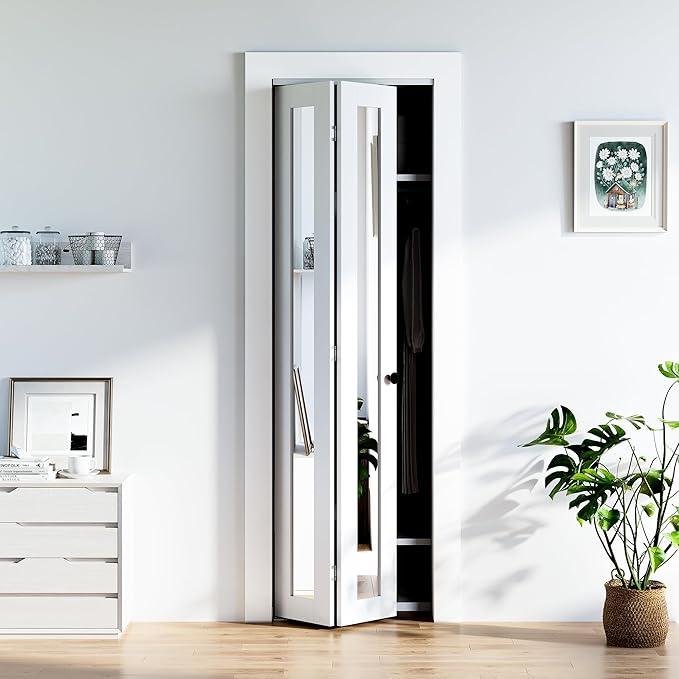 Bifold Doors for 24" x 80" Opening, 1-lite Mirror Closet Folding Doors with Hardware kit Included, Easy Assembly, White