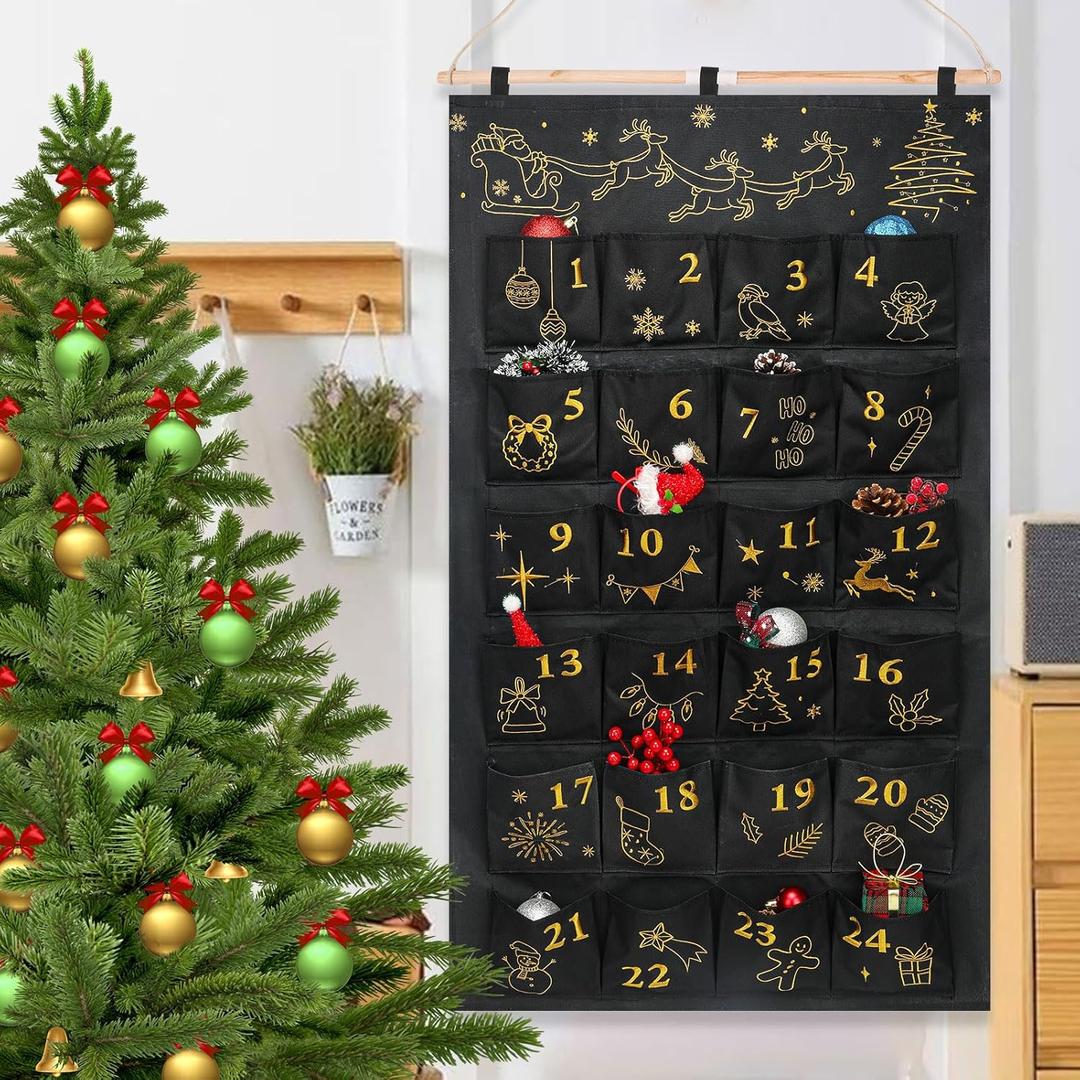 HOWAF Fabric Christmas Advent Calendar 2025 with Pockets (Countdown to Christmas), 24 Days Mystery Christmas Countdown Calendar for Xmas Holiday Home Wall Decoration, Black Gold