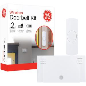 GE Wireless Doorbell Kit,Battery-Operated Receiver,1 Push Button door bell,2 Melodies,4 Volume Levels doorbell chime,classroom doorbell,150 Ft Range,Mountable,White,19247