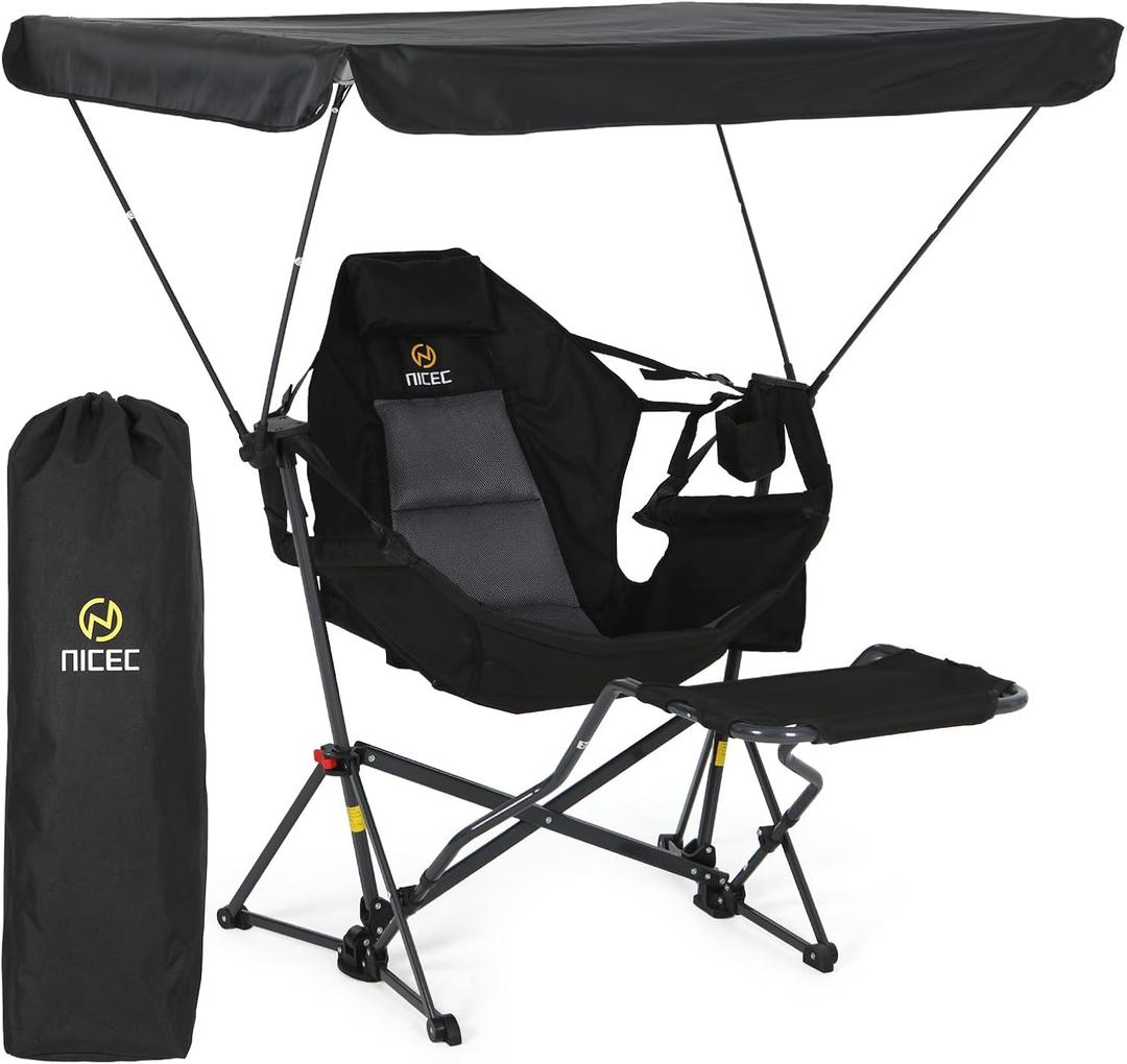 Nice C Hammock Chair with Canopy & Footrest, Portable Swinging Campping Chair with Shade, Folding Portable Umbrella Chairs, Rocking Camping Chairs, with Adjustable Canopy, Detachable Footrest