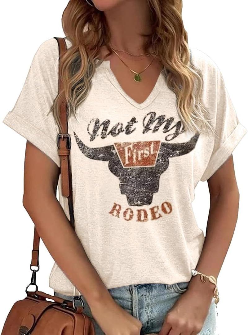 Summer Sexy V-Neck Vintage Western Rodeo Cowboy Steer Skull Shirt for Women Casual Boho Cowgirl Boots Graphic Tees (Yellow, M)