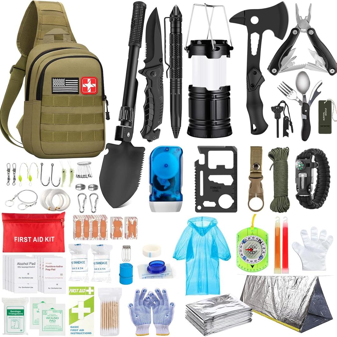 Survival Kit, First Aid Kit Survival Gear and Supplies Emergency Kit with Bug Out Bag Tactical Military Grade Molle IFAK for Camping, Earthquake, Hiking, Hunting, Gifts for Men Dad (Khaki)