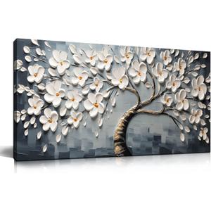 Canvas Wall Art for Living Room White Flowers Tree of Life Picture Print Paintings Large Framed Bedroom Wall Decor Artwork Modern Gallery Plant Wall Decorations Size 20x40 inch Ready to Hang