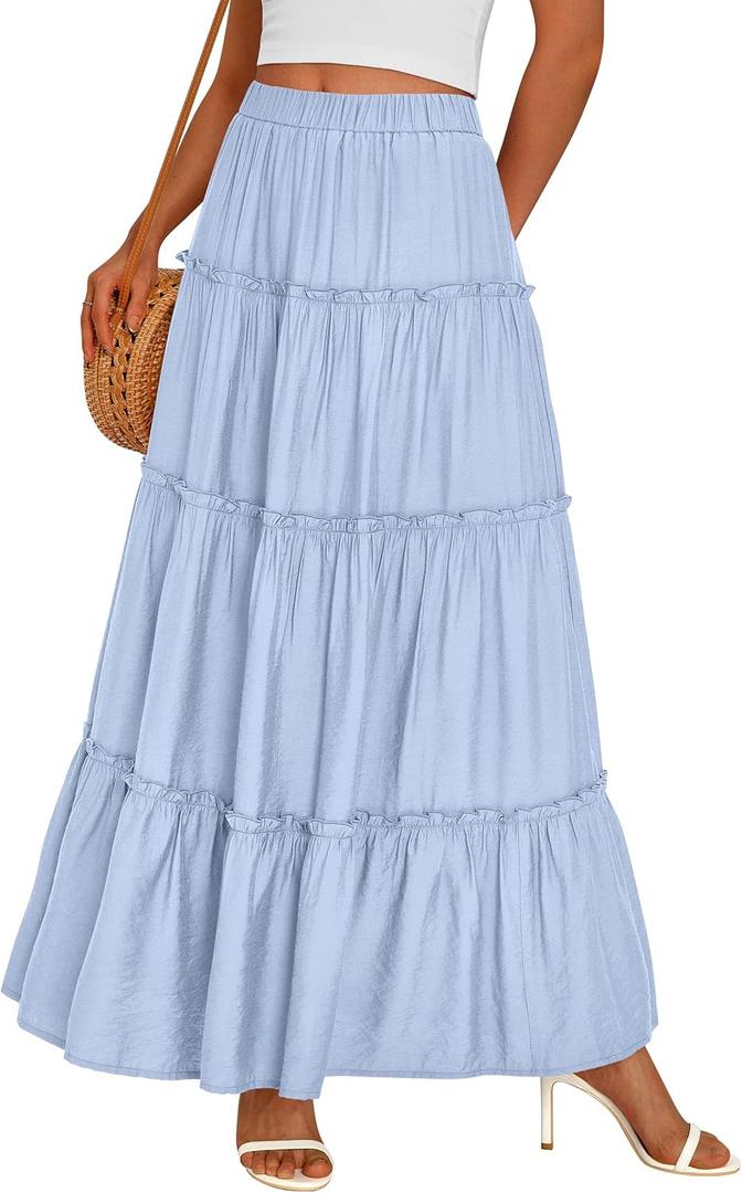 PRETTYGARDEN Boho Maxi Skirts for Women Trendy Summer 2026 Spring Long Flowy A Line Tiered Skirt Beach Vacation Clothes Dress (Blue, L)