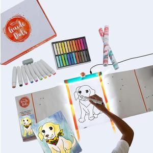 Guide Dots Kids Discover Art Kit with Light Up Bright Board Children's Drawing Kit Video Instructions Art Supplies, Markers, Chalk Pastels Gift for Boys & Girls Ages 4-7