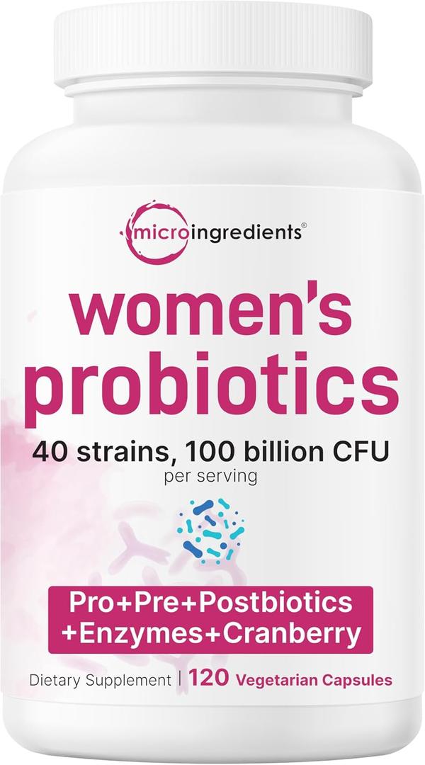 Micro Ingredients Probiotics for Women 100 Billion CFU with Prebiotics, 120 Veggie Capsules | pH Balance, Urinary Tract, Vaginal & Gut Health Support* | 40 Strains with Cranberry, D-Mannose & More BBD 03/2028