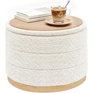 B FSOBEIIALEO Round Storage Ottoman with Tray, Folding Ottoman with Storage Coffee Table Foot Rest for Dorm Room Living Room Chenille Fabric,Wood-Grain Leather Base,White,22.83"x22.83"x17.32"