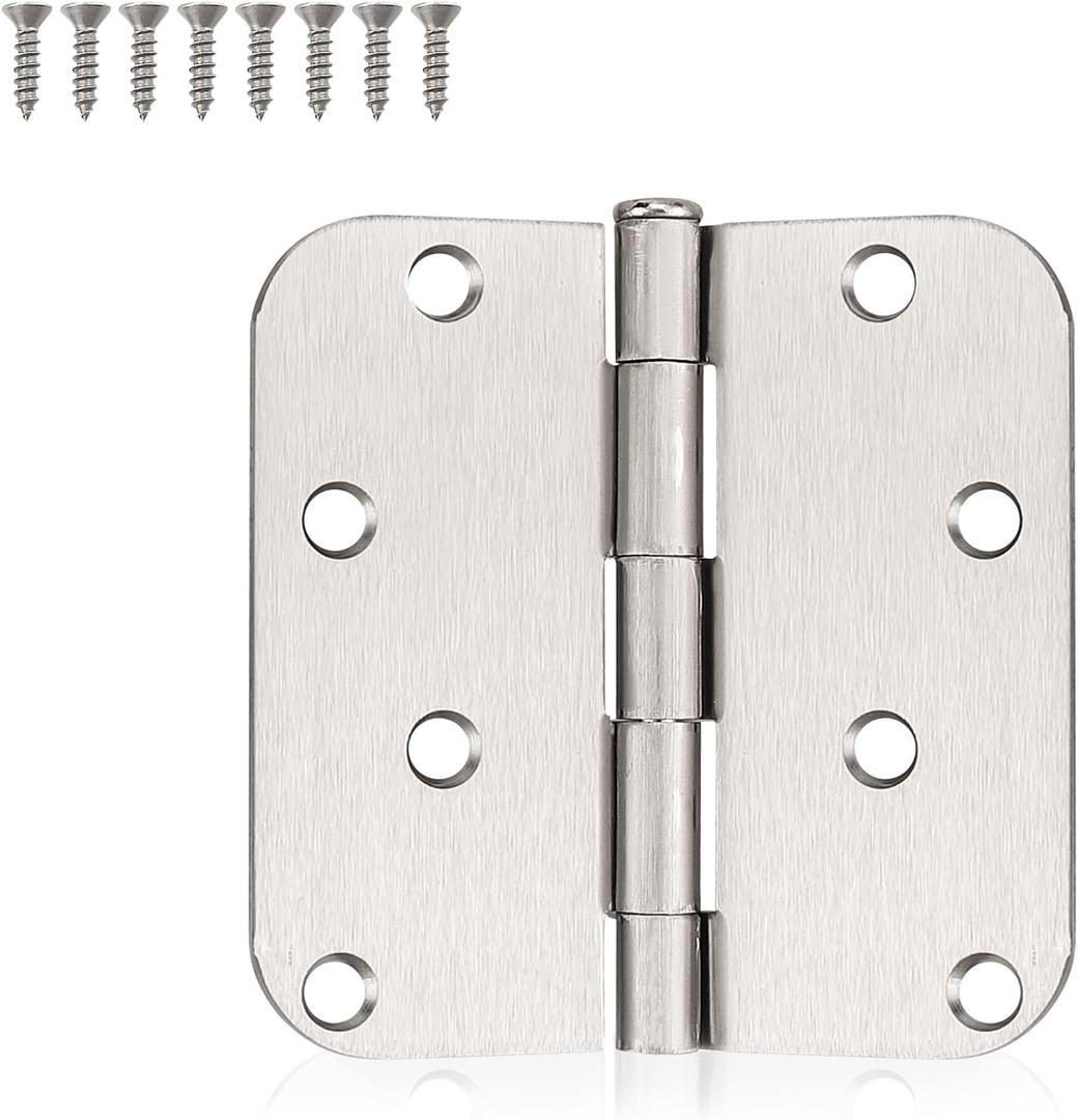 KNOBWELL 3 Pack 4 Inch Door Hinges Satin Nickel Rounded Door Hinges 4" x 4" with 5/8" Corners for Interior&Exterior Doors