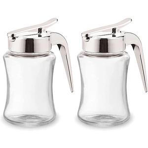 J&M DESIGN 2-Pack Glass Syrup Dispenser Bottle for Maple Syrup, Honey Pot or Sugar Jar W/Handle Shaker For Pancakes, Coffee, Cereal Bowl, Tea Pour Spout Lid Easy Spoon Measure 7.5oz Container Holder
