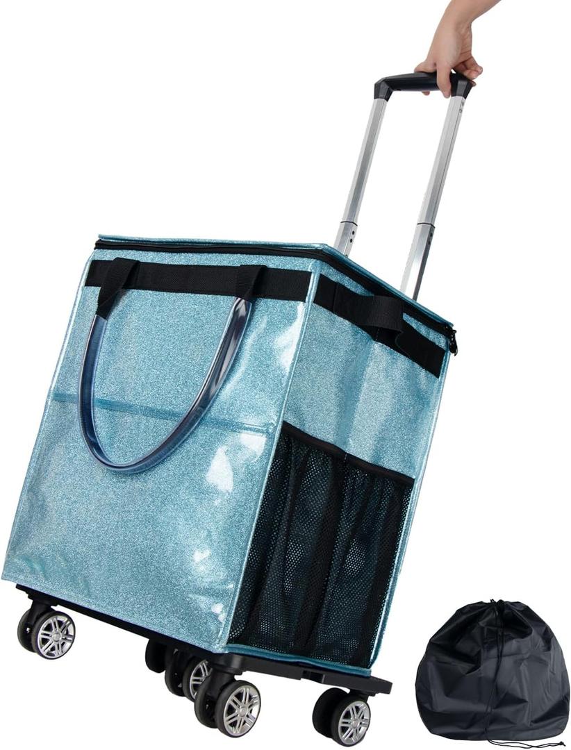 Reusable Grocery Bags on Wheels, Rolling Tote Bag, Portable Shopping Cart for Groceries with Wheels and Drawstring Bag, Trolley, 54L, Foldable, Starry Blue