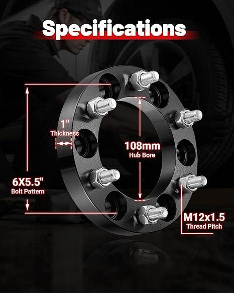 EVIL ENERGY 6x5.5 Wheel Spacers 1 inch Compatible for Tacoma 1995-2022, 6x139.7 mm 6 Lugs 108 mm Hub Bore M12x1.5 Studs Black, Not Hubcentric