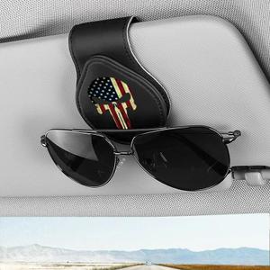 AJLOTMO Sunglasses Holder for Car, Leather Glasses Frame, Eyeglass Hanger Card Clip for Car Sun Visor,Sunglasses Holder for Universal Car Visor(American Flag Skull A)