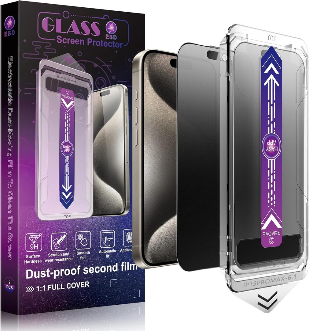 2 Pack Matte Privacy Screen Protector for iPhone 15 Pro Max 6.7-Inch Auto Dust Removal, No Bubbles,Anti-Spy Tempered Glass Film, Easy Installation