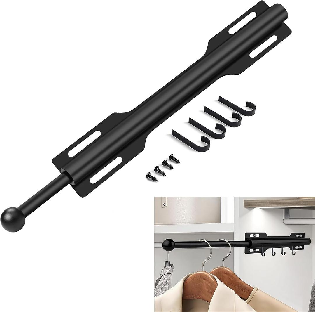 Valet Rod for Closets Pull Out, 12 inch Long Expendable and Reversible Aluminum Valet Clothing Hanger Rods Organization and Storage
