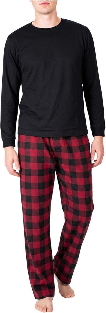 Mens Pajamas Set 2 Piece Pajamas For Men Long Sleeve Pant Fleece Black with Red Buffalo Check XL