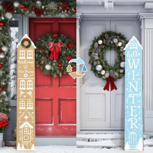 47 2 In1 Wooden Gingerbread House Outdoor Decoration Hello Winter Porch Christmas Welcome Sign Gingerbread House Decor Winter Outdoor Porch Sign for Front Door Hanging Christmas Home Decor